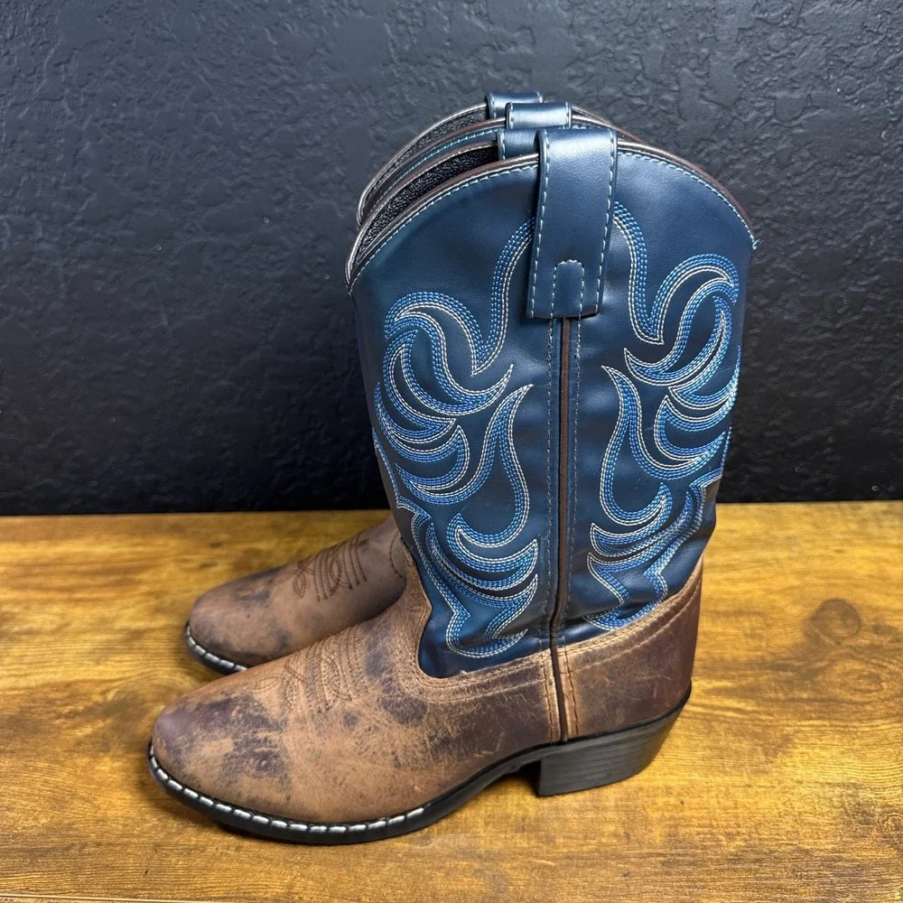 Cody James 41477 Brown Blue Leather Western Cowboy Boots Kids Size 4D
